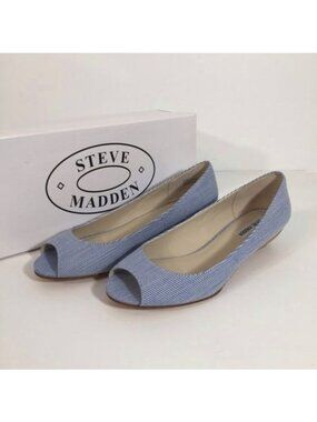 Steve Madden Womens Bunni Open Toe Low Wedge Flats Blue White Stripes size 8.5